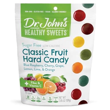 Dr. John's Healthy Sweets Classic Fruit Hard Candy with Zero Sugar, Dye Free, Plant Based, Keto Friendly, 24 Count, 3.85oz Bag