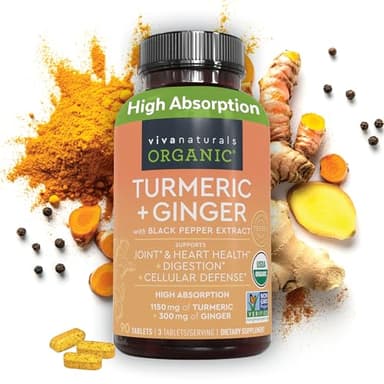 Viva Naturals Turmeric and Ginger Supplement with Black Pepper for Better Absorption - Organic Turmeric Curcumin to Support Joint, Heart, Immune and Digestive Health, Non-GMO - 120 Tablets