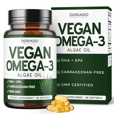 Vegan Omega 3 Algae Oil (60 Softgels) Plant Based DHA EPA - Sustainably Sourced, No Carrageenan, Non GMO | Heart, Brain, and Eye Health - Fish Oil Alternative - Algae Omega 3 Supplement - USA Made