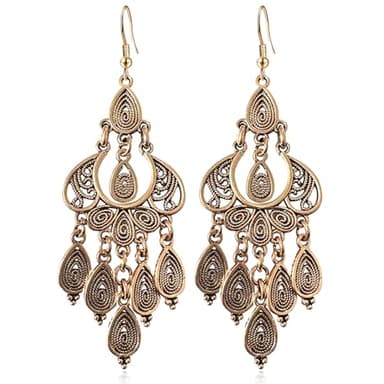 JIMARIN Unique Bohemian Vintage Bronze Chandelier Teardrop Flower Geometry Dangle Drop Earrings For Women (Vintage Gold)