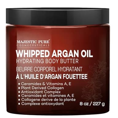 MAJESTIC PURE Whipped Argan Oil Body Butter for Women & Men - With Ceramides, Vitamin E & A & Vegan Collagen - For Skin, Face, & Appearance of Wrinkles & Fine Lines - 8oz
