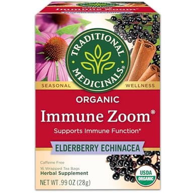 Traditional Medicinals Tea, Organic Immune Zoom Elderberry Echinacea - Supports Immune Function - Kosher, Non-GMO, Caffeine-Free, Compostable - 16 Tea Bags