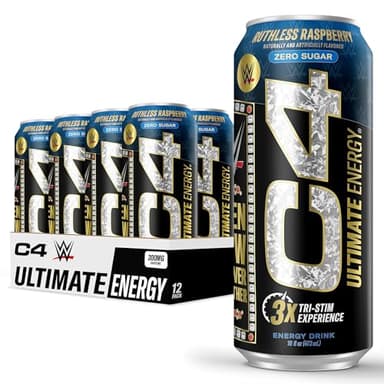 C4 Ultimate x WWE | 300mg Caffeine Sugar Free Energy Drink | Ruthless Raspberry| 16oz (Pack of 12)