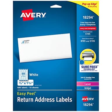 Avery Printable Return Address Labels with Sure Feed Technology, 2/3" x 1-3/4", White, Laser & Inkjet Compatible, 600 Blank Labels Total, Great for Mailing, Branding, and More (18294)