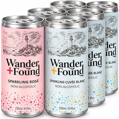 Wander + Found Non-Alcoholic Sparkling Wine, Variety Pack with Sparkling Rosé and Sparkling Cuvée Blanc – Zero Proof, Low Calorie & Gluten Free – Dealcoholized German Wine, 6 Pack (8.5 oz Cans)