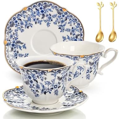 Jowgut Porcelain Tea Cups and Saucers Set of 2, 6 Oz Vintage Country Roses Bone China Tea Cup with Gold Trim, Spoon, 6 Pieces Coffee Cappuccino Mugs for Women, Tea Parties, Wedding Gifts