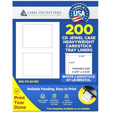 100 Sheets of Label Outfitters Printable Cardstock CD Jewel Case Tray Inserts, Two Inserts per Sheet, 200 Tray Inserts