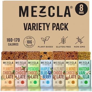 Mezcla Puff-Crispy Plant Based Protein Bars - Variety Pack - Healthy Snacks for Adults & Kids - Granola Bars for School, Travel, & Office Snacks - Gluten Free, Vegan, Non GMO, 10g Protein - 8 Count