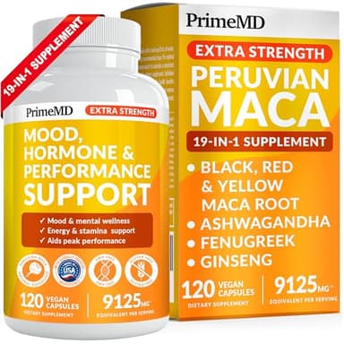 19-in-1 Extra Strength Peruvian Maca Root Capsules - 9125 mg Ashwagandha Supplements with Fenugreek and Ginseng for Mood, Hormone and Performance Support (120 ct)
