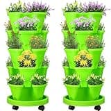 Umigy 2 Set 5 Tier Stackable Planters Vertical Garden Planters for Strawberry Herb Flower and Vegetable Indoor Outdoor Gardening Pots with Removable Wheels and Bottom(Green)