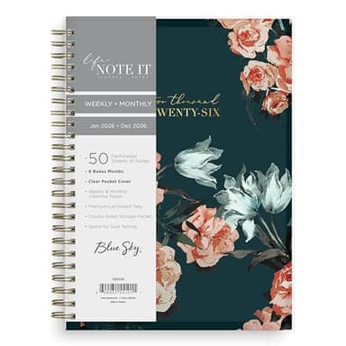 Blue Sky Life Note It 2026 Weekly and Monthly Planner Notes, January 2026 - December 2026, 5.875" x 8.625", Clear Pocket Cover, Durable Twin Wire Binding, Storage Pocket, 50 Perforated Notes Sheets, Dania Dark