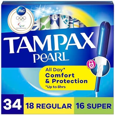 Tampax Pearl Tampons for Women Multipack, with LeakGuard Braid, Regular/Super Absorbency, Unscented, 34 Count