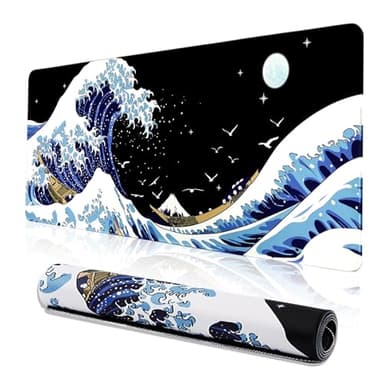 MEWOOCUE® Gaming Mouse Pad for Desk,Large Wave Mousepad Laptop,Black Japanese Anime Mouse Mat,Long XXL Waterproof Keyboard Pads,Big Non-Slip Mousepads for Game Office Home（31.5 x 11.9 in）