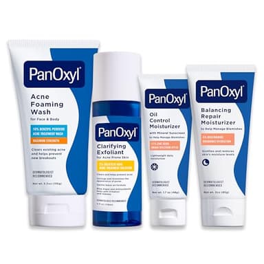 PanOxyl Complete Cleanse, Manage & Moisturize Bundle - Acne Foaming Wash Benzoyl Peroxide 10%, PM Balancing Repair Moisturizer, AM Oil Control Moisturizer & Clarifying Exfoliant with 2% Salicylic Acid