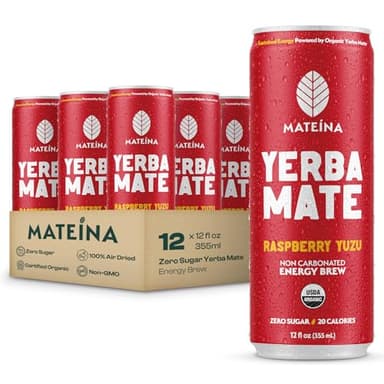 Mateina Yerba Mate Zero Sugar Energy Drink – 120mg Natural Caffeine – Organic, Non-GMO, Non-Carbonated – Dr. Andrew Huberman Recommended – (12 fl oz Cans, 12 Pack) Raspberry Yuzu
