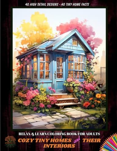 Cozy Tiny Homes and their Interiors Relax & Learn Coloring Book for Adults: 40 High Detail Images with 40 Facts | Cozy Tiny Home Modern and Rustic ... for Adults, Teens and Seniors | Grayscale