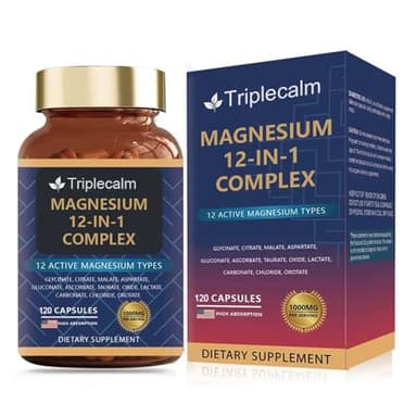 Magnesium Complex 12 in 1 Supplement - 12 Elemental 1000mg - Magnesium Glycinate, Citrate, Malate, Taurate - High Absorption,for Muscle, Nerve & Sleep Support - 120 Capsules