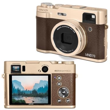 Minolta Retro Digital Camera – 48MP Autofocus Compact with 5K Ultra HD Video, Rear Selfie Lens, 16x Zoom, WiFi, 2.8-inch LCD Screen, Digital Stabilization, Optical Viewfinder, 32GB Card (Gold)