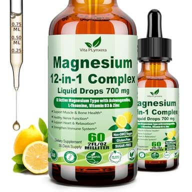 12-in-1 Magnesium Complex Liquid Drops, Chelated Magnesium Citrate Glycinate Taurate Malate Aspartate w. Ashwagandha Theanine D3 & Zinc for Relaxation Sleep Immune Health & Muscle Function丨Women Men