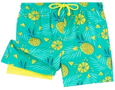 UMELOK Boys Swim Trunks Swimsuit Boxer Brief 2 in 1 Compression Liner Stretch Swim Shorts Quick Dry Beach Bathing Suit Neon Pineapple 10/12