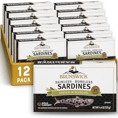 Brunswick Wild Caught Skinless and Boneless Sardines, Served in Olive Oil, 4.4 Ounce (Pack of 12)