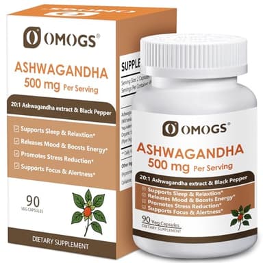 OMOGS Organic Ashwagandha, Pure Herb Extract, Added Black Pepper, High Absorption, for Boosts Energy, Sleep, Focus, Stress Relief.& Immune Support, Non-GMO, 90 Vegetable Capsules