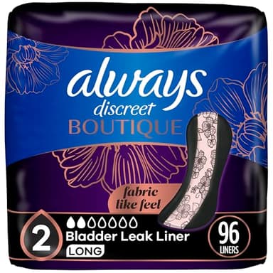 Always Discreet Boutique Incontinence Panty Liners for Bladder Leaks, Size 2, Very Light Absorbency, Long Length, 96 Count (3 Packs of 32)