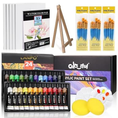 Colorful Acrylic Painting Kit - Paint Supplies Set with 24 Colors, 30 Brushes, 5 Canvases, 1 Pad, 2 Palette, 2 Sponge & 1 Wood Easel - Art Acrylic Paint Set for Beginners, Kids, Adults