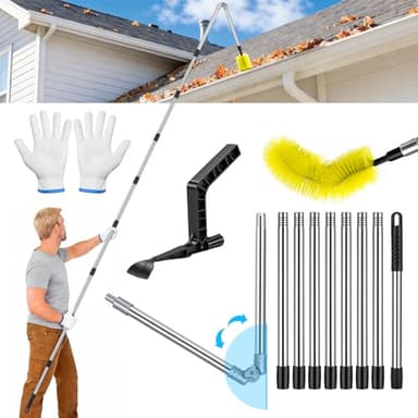 Hysagtek 13FT Gutter Cleaning Tools - Adjustable Long-Reach Rain Gutter Cleaning Brush, No Ladder Needed Removes Leaf Debris from Roof Gutters, Leaf Cleaning Kit with Brushes & Shovel
