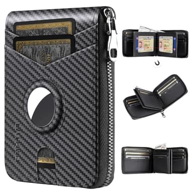 LATKWO Men’s RFID Blocking Zipper AirTag Wallet with 2 ID Windows - Large Capacity Design, 13 Credit Card Slots |Durable Men’s Accessories Secure Holder for Apple Air Tag (Black)