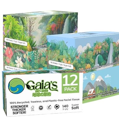 Gaias Premium 3 Ply Facial Tissues, Strong and Soft, 140 Sheets (1680 Sheets - 12 Boxes) Made From Recycled Paper, Zero Plastic Packaging, Eco-Friendly, Sustainable, Non-Lotion Nature Packaging