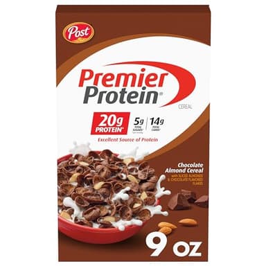 Premier Protein Chocolate Almond Cereal, Chocolatey Protein Cereal Flakes with Sliced Almonds, Contains 20g of Protein Per Serving, 9 OZ Box