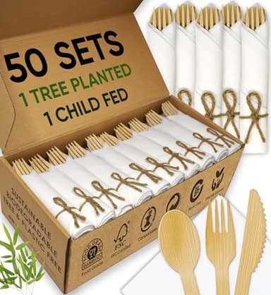 EcoPreps Premium Pre-Rolled Napkin and Bamboo Cutlery Set (50 Pack, 200 PCS) 100% Biodegradable, Eco-Friendly, Disposable Wrapped Cutlery - Includes Pre-Wrapped Bamboo Forks, Knives, Spoons, & Napkins