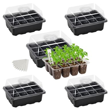 Bonviee 5-Pack Seed Starter Tray Seedling Kits,Plant Starter Kit with Adjustable Humidity Dome and Base Indoor Greenhouse Mini Propagator for Seeds Growing Starting (12 Cells per Tray,Black)