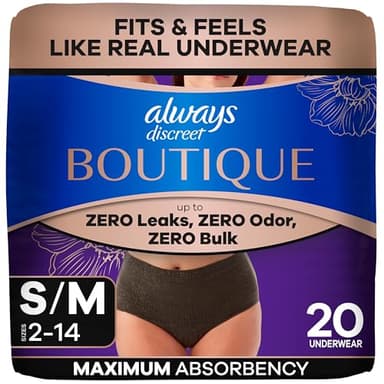 Always Discreet Boutique Incontinence and Postpartum Underwear for Women, Maximum Protection, Small/Medium, Black, 20 Count