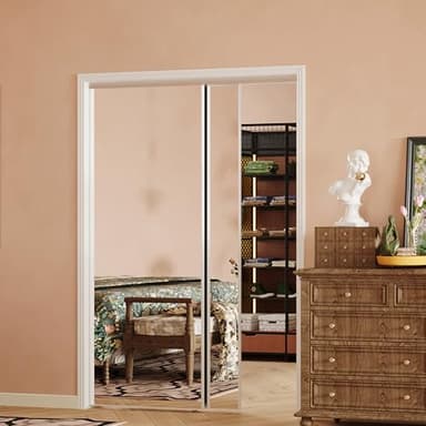 SOLRIG Sliding Closet Door, Perfect for 60"(Double 30.98") x 80" Opening, 1-Lite Mirror Aluminum Alloy Sliding Door Panel with Hardware Kit & Floor Guide, Finished Doors 2 Panels, White
