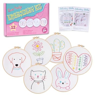Louise Maelys 12 Pre-Stamped Embroidery Kits for Beginners, Cross Stitch for Kids Girls,DIY Needlepoint Craft Sewing,Practice Kit Supplies,Funny Cute Pattern,Perfect for Ages 8-12