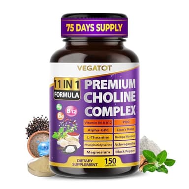 VEGATOT Ultra Organic Choline Complex 10-in-1 Formula with Vitamin B6, B12, Alpha-GPC, Magnesium, L-Theanine & Ashwagandha – Supports Mental Focus & Cognitive Balance – 150 Capsules