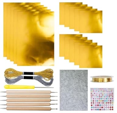 15pcs Gold Craft Foil Sheets, Gold Foil Sheets for Embossing, Decorative Metal Sheet Embossing Tools for Painting Gilding Crafting Decoration,with 2 Rolls Wire, Engraving Tools, Artwork Making Kit