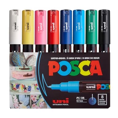 uni POSCA PC-1M Water-Based Paint Markers, Extra Fine Tip (0.7mm), Assorted Colors, 8 Pack