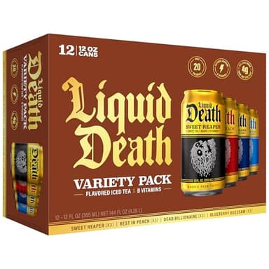 Liquid Death Iced Tea - Variety, Less Sugar*, Boost of Caffeine, B Vitamins, No Artificial Sweeteners, 4 Flavors: Tea/Lemonade, Rest in Peach, Sweet Reaper, Blueberry Buzzsaw, 12 Fl Oz (Pack of 12)