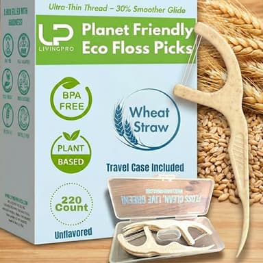 Twin Line Eco Floss Picks (220 Count) - Plant-Based Straw Wheat Floss Sticks with Travel Case | 2X More Effective Cleaning-Compostable Tooth Flossers, Thin & Shred Resistant Thread |