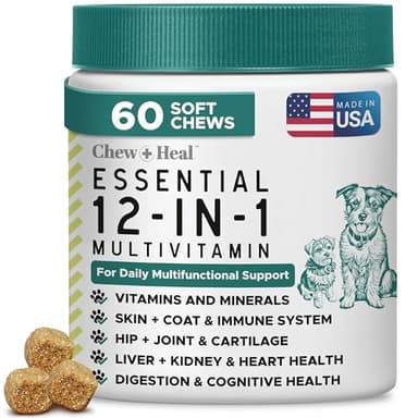 Dog Multivitamin Chewable - Chew + Heal 12-in-1, 60 Ct, All Breeds Dog Vitamins & Supplements for Hip & Joint, Skin, Coat, Immune Support with Glucosamine, Omega 3,6,9, Probiotics, Chicken Flavor