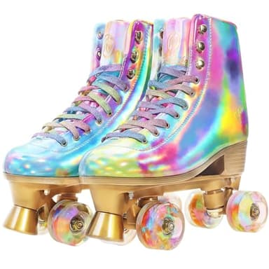 JajaHoho Roller Skates for Women, Holographic High Top PU Leather Rollerskates, Shiny Double-Row Four Wheels Quad Skates for Girls and Age 8-50 Indoor Multicolor (Rainbow, Size 1)