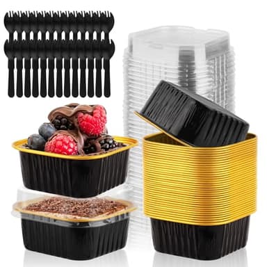 CXIIPOL 35 Pack 5 OZ Square Mini Baking Pans with Lids, 3.5x3.5 Inch Mini Cake Tins, Aluminum Foil Baking Cups Disposable Cake Containers for Party, Wedding, Birthdays, Black and Gold