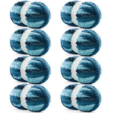 8 Pack Chunky Yarn for Hand Knitting - Chenille Blanket Yarn for Crocheting Blankets - 228 Yds/61.6 Oz Rainbow Ombre Yarns - Super Bulky Soft Thick Mixed Color Jumbo Yarns (8, Dark Blue-Blue-Black)