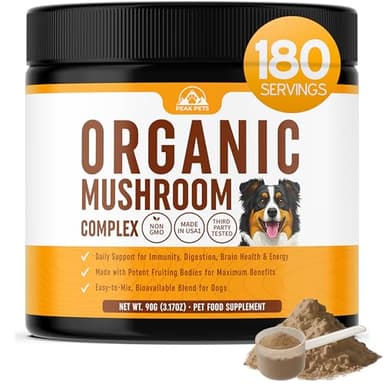 Mushroom Supplement Powder for Dogs (90g) Organic Mushroom Complex with Turkey Tail and Lions Mane for Dogs - Immune Support, Brain Health and Digestion - Third Party Tested, Non-GMO and Made in USA