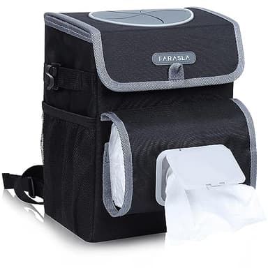 Farasla All-in-One Car Trash Can, Garbage Bag for Car with Removable Leakproof Interior Liner, Adjustable Tissue Holder & Straps(Black)
