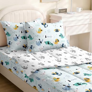 Yadangxiawa Kids Comforter Set,Zipper Bedding Twin for Boys,Blue Dog Printed Comforter Set with Paw Fitted Sheets and Pillowcases for All Season(Blue Dogs Twin)
