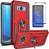 STARSHOP Compatible with Samsung Galaxy S8 Plus Case, with [Tempered Glass Screen Protector Included] Military Grade Shockproof Dual Layer Protective Phone Cover with Metal Ring Kickstand - Red